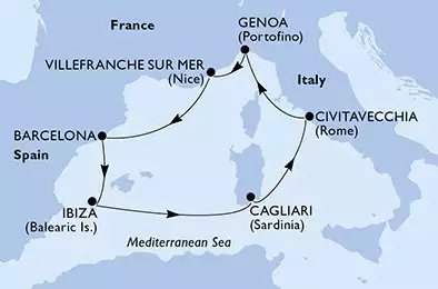 MSC MUSICA - Itinerario di 7 notti partendo da CIVITAVECCHIA il 14/10/2024 - Civitavecchia,Genoa,Villefranche sur Mer,Barcelona,Ibiza,Cagliari,Civitavecchia