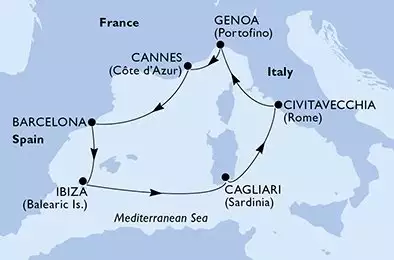 Cagliari,Civitavecchia,Genoa,Cannes,Barcelona,Ibiza,Cagliari