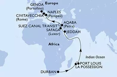 Durban,La Possession,Port Louis,Jeddah,Safaga,Aqaba,Suez Canal South,Suez Canal North,Naples,Civitavecchia,Genoa