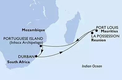 MSC MUSICA - Itinerario di 12 notti partendo da DURBAN, SOUTH AFRICA il 29/12/2024 - Durban,Port Louis,La Possession,Portuguese Island,Durban