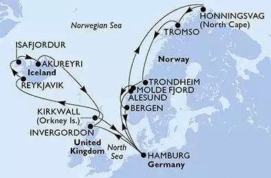 MSC PREZIOSA - Itinerario di 22 notti partendo da HAMBURG, GERMANY il 07/05/2025 - Hamburg,Alesund,Honningsvag,Honningsvag,Tromso,Trondheim,Molde Fjord,Bergen,Hamburg,Invergordon,Reykjavik,Reykjavik,Isafjordur,Akureyri,Kirkwall,Hamburg