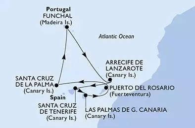 MSC OPERA - Itinerario di 7 notti partendo da SANTA CRUZ DE TENERIFE, SPAIN il 15/12/2024 - Santa Cruz de Tenerife,Las Palmas de G.Canaria,Puerto del Rosario,Santa Cruz de La Palma,Funchal,Arrecife de Lanzarote,Santa Cruz de Tenerife
