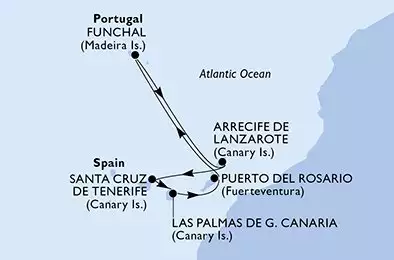 MSC OPERA - Itinerario di 6 notti partendo da FUNCHAL, PORTUGAL il 15/11/2024 - Funchal,Arrecife de Lanzarote,Santa Cruz de Tenerife,Las Palmas de G.Canaria,Puerto del Rosario,Funchal