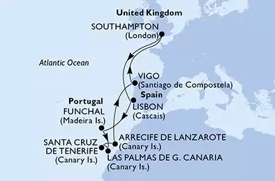 MSC VIRTUOSA - Itinerario di 12 notti partendo da SOUTHAMPTON, UNITED KINGDOM il 20/04/2026 - Southampton,Lisbon,Funchal,Las Palmas de G.Canaria,Santa Cruz de Tenerife,Arrecife de Lanzarote,Vigo,Southampton