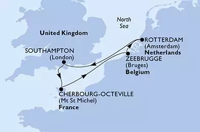 Southampton,Cherbourg,Zeebrugge,Rotterdam,Southampton