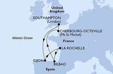 Southampton,Gijon,La Rochelle,Bilbao,Cherbourg,Southampton
