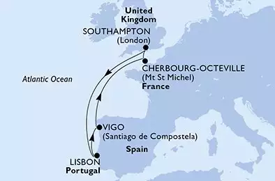 Southampton,Lisbon,Vigo,Cherbourg,Southampton