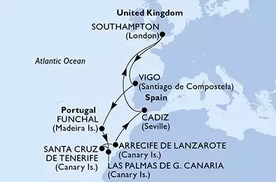 Southampton,Vigo,Funchal,Las Palmas de G.Canaria,Santa Cruz de Tenerife,Arrecife de Lanzarote,Cadiz,Southampton