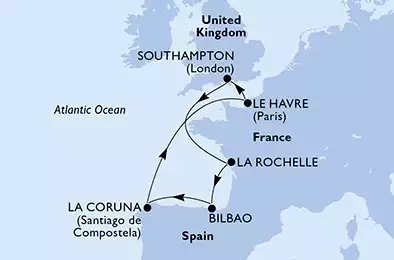 Southampton,La Rochelle,Bilbao,La Coruna,Le Havre,Southampton