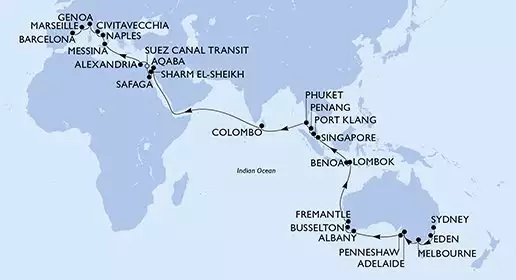 MSC MAGNIFICA - Itinerario di 49 notti partendo da SYDNEY AUSTRALIA il 15/03/2025 - Australia, Indonesia, Singapore, Malesia, Tailandia, Sri Lanka, Giordania, Egitto, Italia, Francia, Spagna