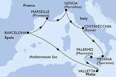 MSC WORLD EUROPA - Itinerario di 7 notti partendo da PALERMO il 31/12/2024 - Italia, Malta, Spagna, Francia