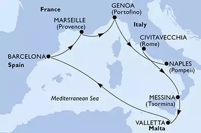 MSC WORLD EUROPA - Itinerario di 7 notti partendo da CIVITAVECCHIA il 07/04/2025 - Italia, Malta, Spagna, Francia