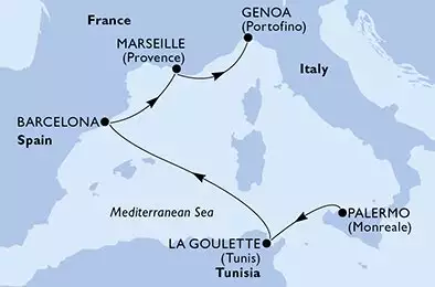 MSC FANTASIA - Itinerario di 5 notti partendo da PALERMO il 16/04/2025 - Palermo,La Goulette,Barcelona,Marseille,Genoa
