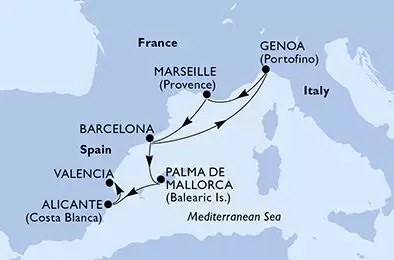 MSC MAGNIFICA - Itinerario di 7 notti partendo da BARCELONA, SPAIN il 03/05/2025 - Barcelona,Genoa,Marseille,Barcelona,Palma de Mallorca,Alicante,Valencia
