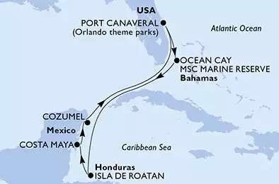 MSC SEASHORE - Itinerario di 7 notti partendo da PORT CANAVERAL (ORLANDO) STATI UNITI il 03/08/2025 - USA, Bahamas, Honduras, Messico