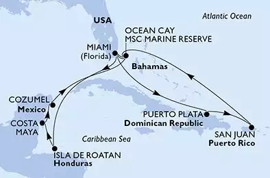 MSC WORLD AMERICA - Itinerario di 14 notti partendo da MIAMI, UNITED STATES il 10/01/2026 - Miami,Puerto Plata,San Juan,Ocean Cay,Miami,Isla de Roatan,Costa Maya,Cozumel,Ocean Cay,Miami