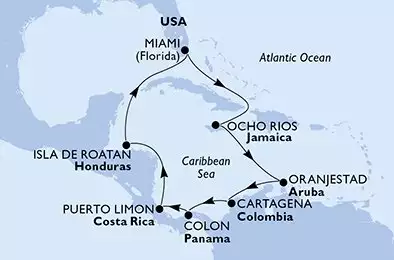 MSC DIVINA - Itinerario di 11 notti partendo da MIAMI, UNITED STATES il 09/11/2025 - Miami,Ocho Rios,Oranjestad,Cartagena,Colon,Puerto Limon,Isla de Roatan,Miami