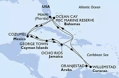 MSC DIVINA - Itinerario di 17 notti partendo da MIAMI, UNITED STATES il 12/03/2026 - Miami,Cozumel,George Town,Ocho Rios,Willemstad,Oranjestad,Miami,Ocean Cay,Cozumel,George Town,Ocho Rios,Miami