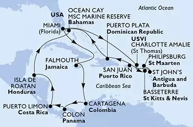 MSC DIVINA - Itinerario di 21 notti partendo da MIAMI, UNITED STATES il 04/01/2026 - Miami,Falmouth,Cartagena,Colon,Puerto Limon,Isla de Roatan,Ocean Cay,Miami,Charlotte Amalie,Basseterre,Philipsburg,St John s,San Juan,Puerto Plata,Miami