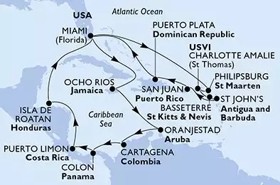 MSC DIVINA - Itinerario di 21 notti partendo da MIAMI, UNITED STATES il 07/12/2025 - Miami,Ocho Rios,Oranjestad,Cartagena,Colon,Puerto Limon,Isla de Roatan,Miami,Philipsburg,Charlotte Amalie,Basseterre,St John s,San Juan,Puerto Plata,Miami