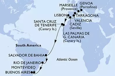 MSC POESIA - Itinerario di 22 notti partendo da GENOVA il 13/11/2024 - Italia, Francia, Spagna, Portogallo, Brasile, Argentina, Uruguay