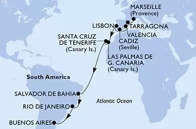 MSC POESIA - Itinerario di 20 notti partendo da MARSEILLE, FRANCE il 14/11/2024 - Francia, Spagna, Portogallo, Brasile, Argentina