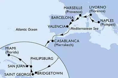 MSC SEASIDE - Itinerario di 22 notti partendo da NAPOLI il 25/10/2025 - Naples,Livorno,Marseille,Barcelona,Valencia,Casablanca,Bridgetown,Saint George,Philipsburg,San Juan,Miami