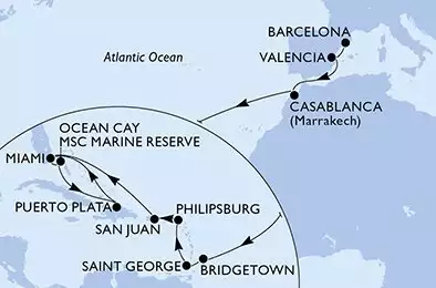 MSC SEASIDE - Itinerario di 24 notti partendo da BARCELONA, SPAIN il 28/10/2025 - Barcelona,Valencia,Casablanca,Bridgetown,Saint George,Philipsburg,San Juan,Miami,Ocean Cay,Puerto Plata,Miami