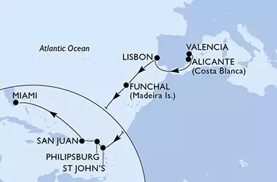 MSC DIVINA - Itinerario di 16 notti partendo da VALENCIA, SPAIN il 21/10/2025 - Valencia,Alicante,Lisbon,Funchal,St John s,Philipsburg,San Juan,Miami