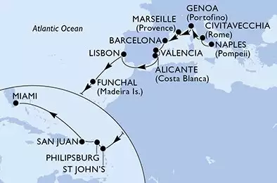MSC DIVINA - Itinerario di 21 notti partendo da NAPOLI il 16/10/2025 - Naples,Civitavecchia,Genoa,Marseille,Barcelona,Valencia,Alicante,Lisbon,Funchal,St John s,Philipsburg,San Juan,Miami