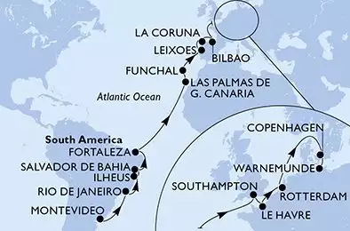 MSC POESIA - Itinerario di 26 notti partendo da MONTEVIDEO, URUGUAY il 04/04/2025 - Uruguay, Brasile, Spagna, Portogallo, Regno Unito, Francia, Olanda, Danimarca, Germania