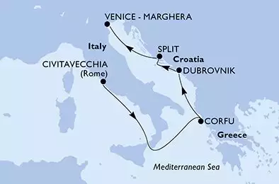 MSC LIRICA - Itinerario di 5 notti partendo da CIVITAVECCHIA il 07/04/2025 - Civitavecchia,Corfu,Dubrovnik,Split,Venice-Marghera