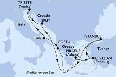 MSC SPLENDIDA - Itinerario di 9 notti partendo da BARI il 29/10/2024 - Bari,Trieste,Split,Piraeus,Kusadasi,Istanbul,Corfu,Bari