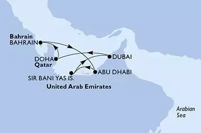MSC EURIBIA - Itinerario di 7 notti partendo da DOHA QATAR il 07/12/2025 - Doha,Bahrain,Abu Dhabi,Sir Bani Yas,Dubai,Dubai,Doha