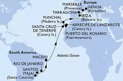 MSC SPLENDIDA - Itinerario di 20 notti partendo da ITAJAI (BALNEARIO CAMBORIU) BRASILE il 27/03/2025 - Itajai,Santos,Rio de Janeiro,Maceio,Santa Cruz de Tenerife,Arrecife de Lanzarote,Puerto del Rosario,Funchal,Ibiza,Tarragona,Marseille,Genoa