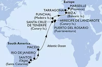 MSC SPLENDIDA - Itinerario di 19 notti partendo da ITAJAI (BALNEARIO CAMBORIU) BRASILE il 27/03/2025 - Itajai,Santos,Rio de Janeiro,Maceio,Santa Cruz de Tenerife,Arrecife de Lanzarote,Puerto del Rosario,Funchal,Ibiza,Tarragona,Marseille