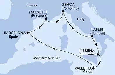 MSC WORLD EUROPA - Itinerario di 7 notti partendo da GENOVA il 04/10/2026 - Genoa,Naples,Messina,Valletta,Barcelona,Marseille,Genoa