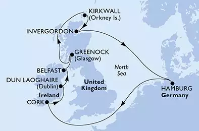 MSC PREZIOSA - Itinerario di 10 notti partendo da HAMBURG, GERMANY il 10/05/2026 - Hamburg,Cork,Dun Laoghaire,Belfast,Greenock,Kirkwall,Invergordon,Hamburg