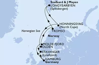 MSC PREZIOSA - Itinerario di 14 notti partendo da HAMBURG, GERMANY il 09/08/2026 - Hamburg,Molde Fjord,Tromso,Longyearbyen,Honningsvag,Olden,Stavanger,Hamburg