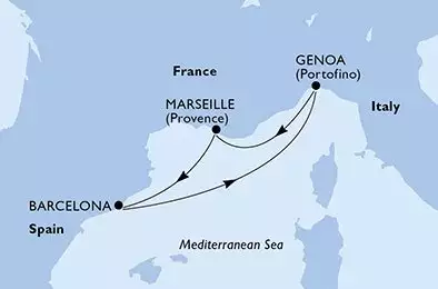 MSC SPLENDIDA - Itinerario di 4 notti partendo da GENOVA il 26/04/2025 - Genoa,Marseille,Barcelona,Genoa
