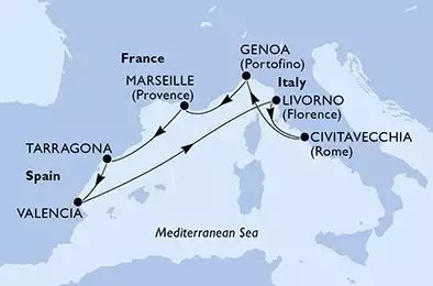 MSC SPLENDIDA - Itinerario di 7 notti partendo da CIVITAVECCHIA il 17/06/2025 - Civitavecchia,Genoa,Marseille,Tarragona,Valencia,Livorno,Civitavecchia