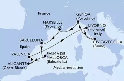 MSC SPLENDIDA - Itinerario di 9 notti partendo da GENOVA il 05/05/2025 - Genoa,Marseille,Barcelona,Palma de Mallorca,Alicante,Valencia,Livorno,Civitavecchia,Genoa