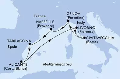 MSC SPLENDIDA - Itinerario di 7 notti partendo da CIVITAVECCHIA il 19/08/2025 - Civitavecchia,Genoa,Marseille,Tarragona,Alicante,Livorno,Civitavecchia