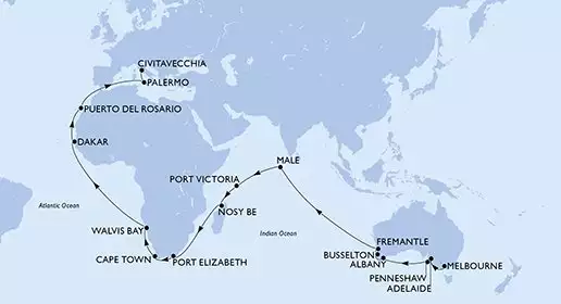 MSC MAGNIFICA - Itinerario di 47 notti partendo da MELBOURNE AUSTRALIA il 18/03/2025 - Melbourne,Adelaide,Penneshaw,Albany,Busselton,Fremantle,Fremantle,Male,Port Victoria,Nosy Be,Port Elizabeth,Cape Town,Walvis Bay,Dakar,Puerto del Rosario,Palermo,Civitavecchia