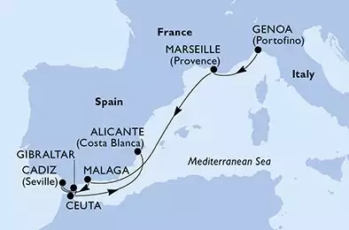 MSC MUSICA - Itinerario di 7 notti partendo da GENOVA il 16/04/2025 - Genoa,Marseille,Malaga,Cadiz,Gibraltar,Ceuta,Alicante