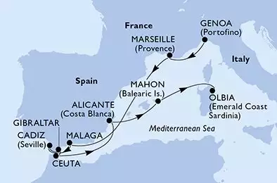 MSC MUSICA - Itinerario di 9 notti partendo da GENOVA il 16/04/2025 - Genoa,Marseille,Malaga,Cadiz,Gibraltar,Ceuta,Alicante,Mahon,Olbia