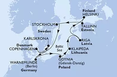 MSC MAGNIFICA - Itinerario di 11 notti partendo da WARNEMÜNDE, GERMANIA il 24/09/2026 - Warnemunde,Gdynia,Klaipeda,Riga,Helsinki,Tallinn,Stockholm,Copenhagen,Karlskrona,Warnemunde