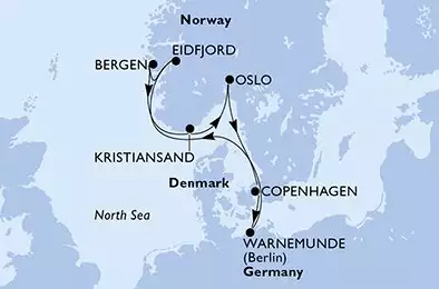 MSC MAGNIFICA - Itinerario di 7 notti partendo da COPENHAGEN, DENMARK il 08/08/2026 - Copenhagen,Warnemunde,Eidfjord,Bergen,Kristiansand,Oslo,Copenhagen