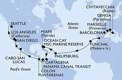 MSC POESIA - Itinerario di 35 notti partendo da CIVITAVECCHIA il 06/04/2026 - Civitavecchia,Genoa,Marseille,Barcelona,Funchal,Philipsburg,Ocean Cay,Miami,Miami,Cartagena,Colon,CTB-Panama Canal,BLB-Panam Canal,Puntarenas,Cabo San Lucas,San Diego,Los Angeles,Seattle