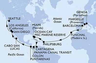 MSC POESIA - Itinerario di 34 notti partendo da GENOVA il 07/04/2026 - Genoa,Marseille,Barcelona,Funchal,Philipsburg,Ocean Cay,Miami,Miami,Cartagena,Colon,CTB-Panama Canal,BLB-Panam Canal,Puntarenas,Cabo San Lucas,San Diego,Los Angeles,Seattle